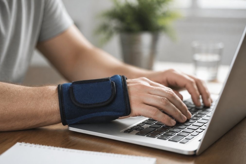 Close-up of a person's hand wearing a blue cold compression wrist wrap while typing on a laptop keyboard in a bright home office setting