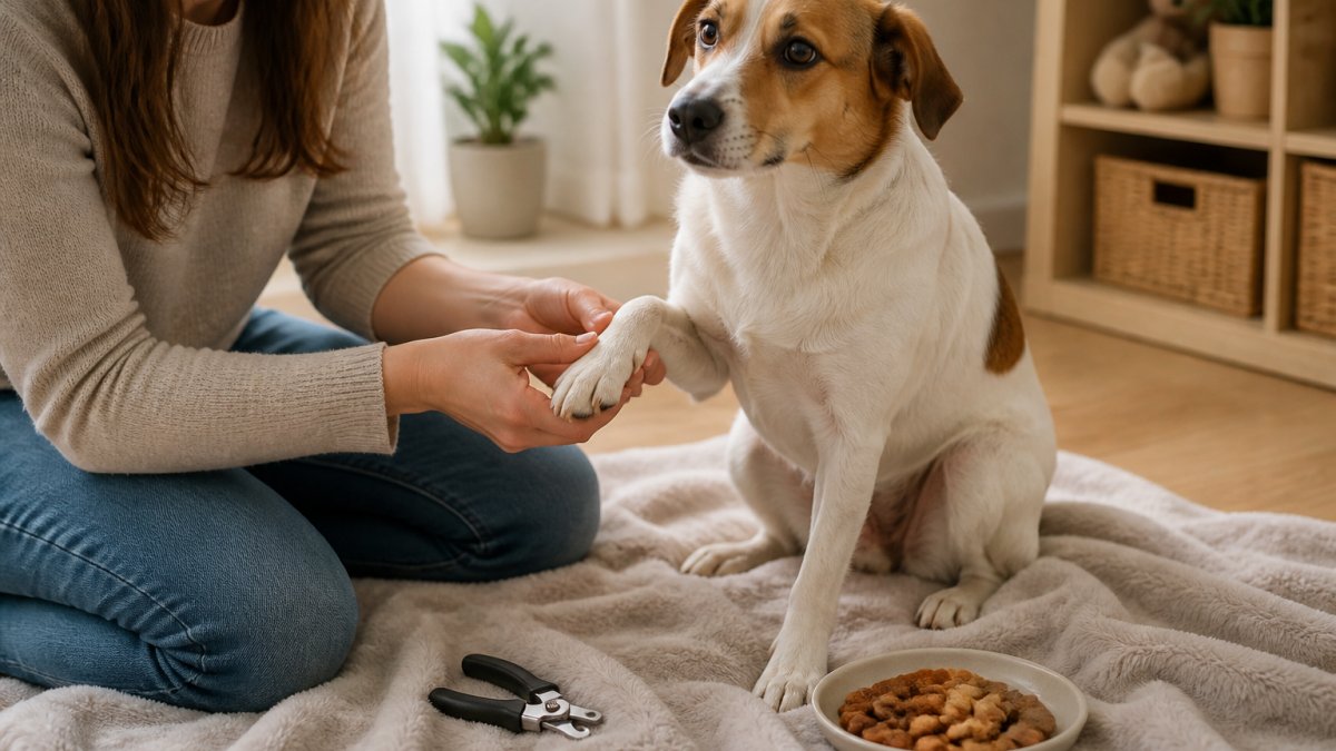 Person gently holding a dog's paw with treats and clippers nearby on a soft blanket in a quiet room