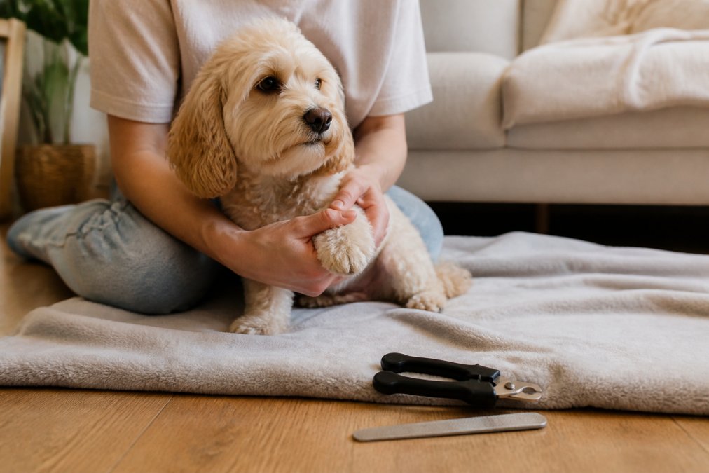 A calm dog sitting on a soft blanket while a person gently holds one paw, with quiet nail clippers resting nearby on a wooden floor in a warm living room
