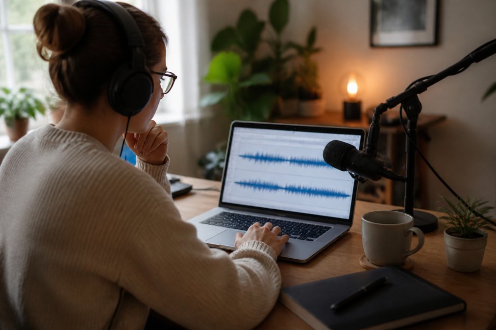 A podcast creator at a home desk with headphones on, reviewing a waveform of their recording on a laptop screen, coffee mug and microphone nearby in a warm home studio setting