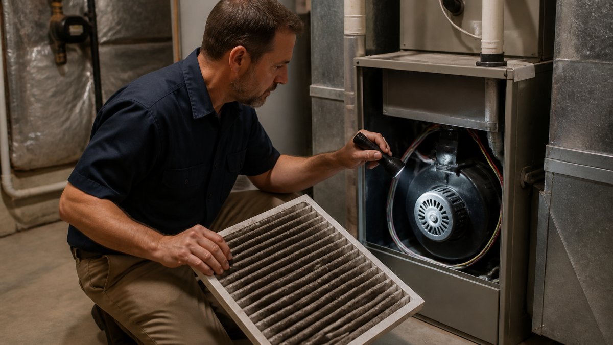 A homeowner kneeling beside an open furnace cabinet in a dim basement utility room, holding a gray clogged air filter in one hand and aiming a flashlight at the blower compartment