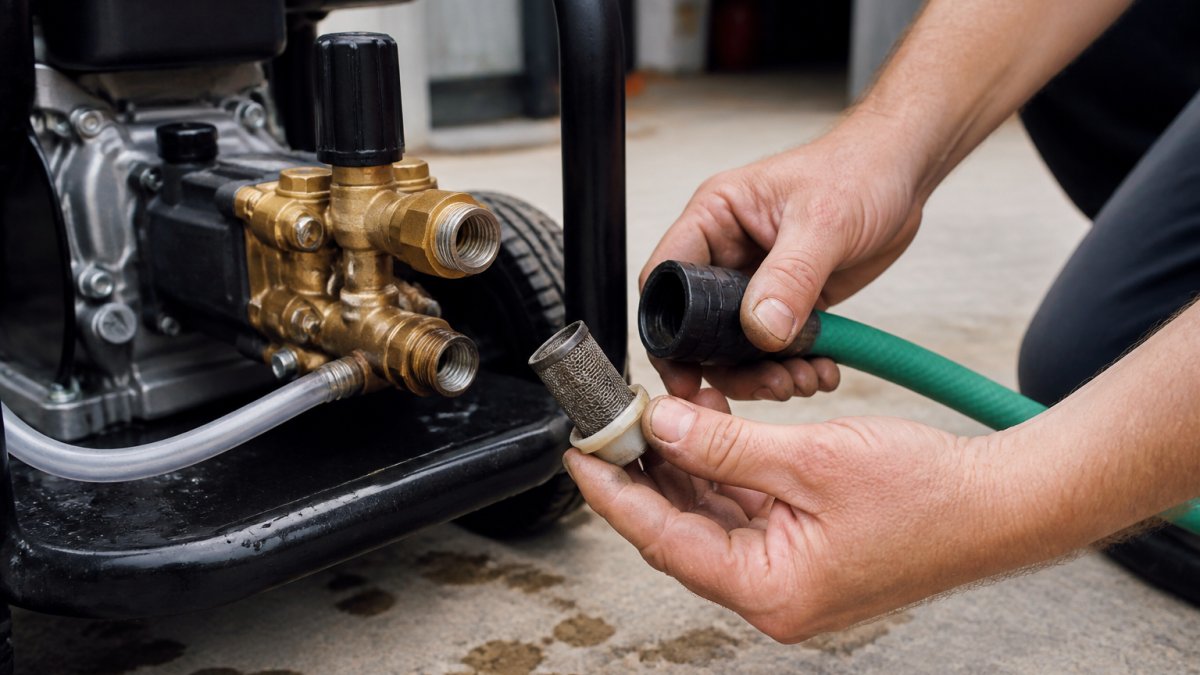 Close-up of hands checking a pressure washer inlet hose connection and inspecting the inlet filter screen for debris in a garage or driveway setting