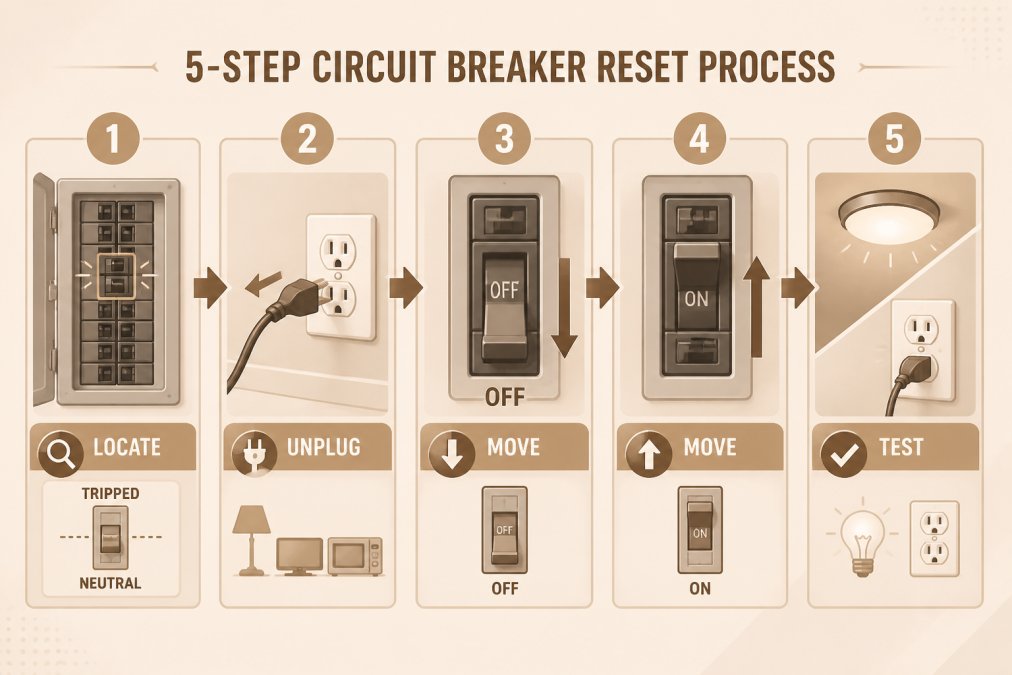 Flowchart showing the 5-step reset process with labeled steps: 1) Locate tripped breaker in neutral position, 2) Unplug appliances on that circuit, 3) Move breaker toggle to OFF position, 4) Move breaker toggle to ON position, 5) Test power restoration with lights or outlets