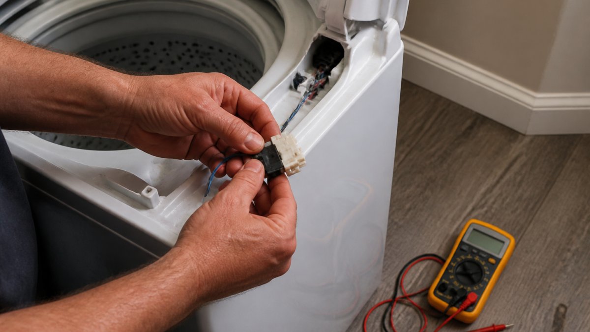 Close-up of a person's hands examining the lid switch mechanism on an open top-loading washing machine, with a multimeter resting nearby on the floor