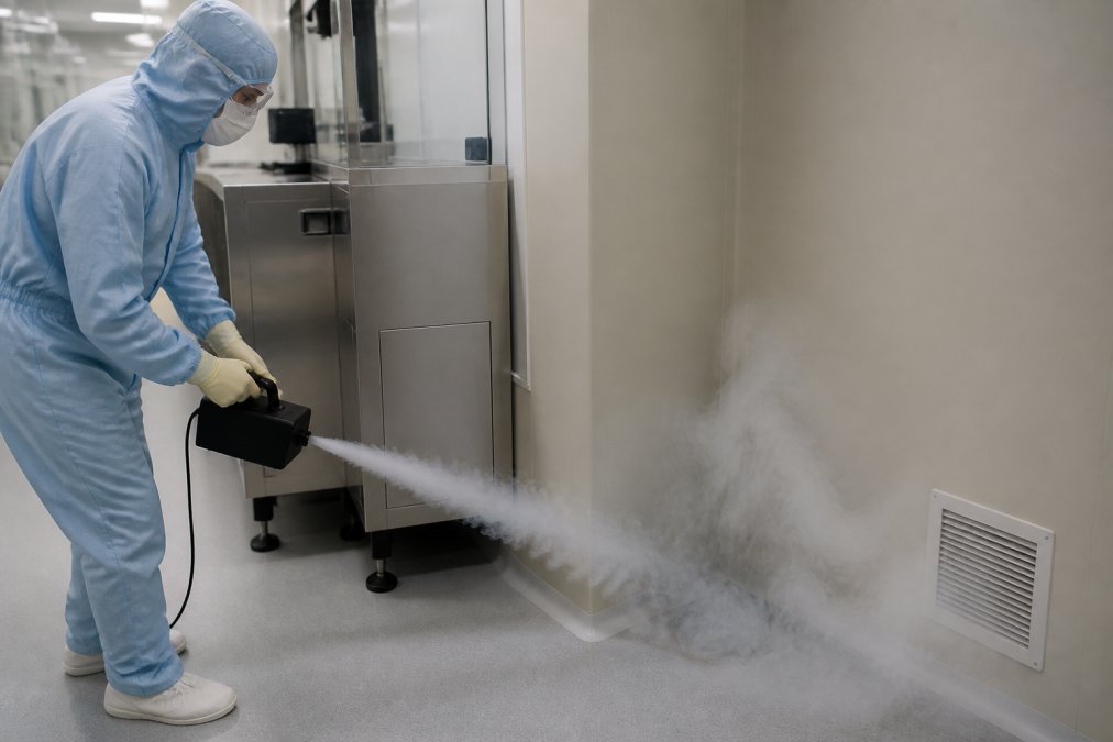 Technician in protective cleanroom garb using a handheld smoke generator near equipment in an ISO-certified cleanroom, with visible white smoke patterns showing airflow direction and stagnation zones near a wall corner
