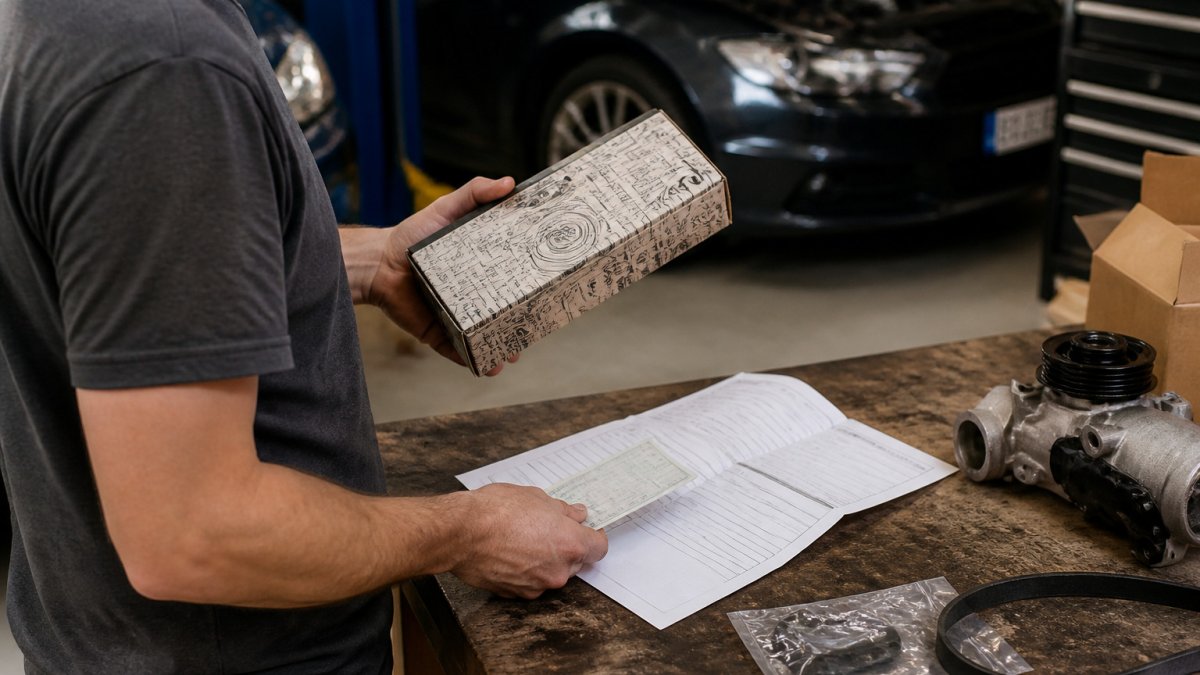 DIY car owner checking a replacement part against an order confirmation and vehicle registration card