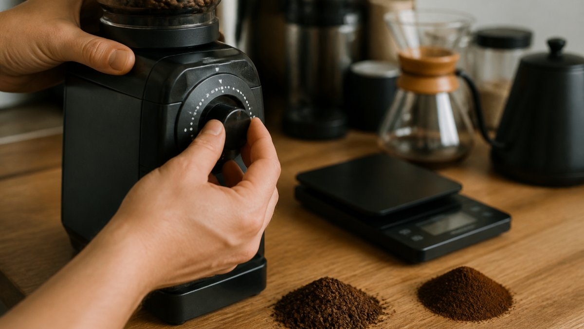 Hands adjusting the grind size dial on a burr coffee grinder with piles of coarse and fine grounds on a wooden counter