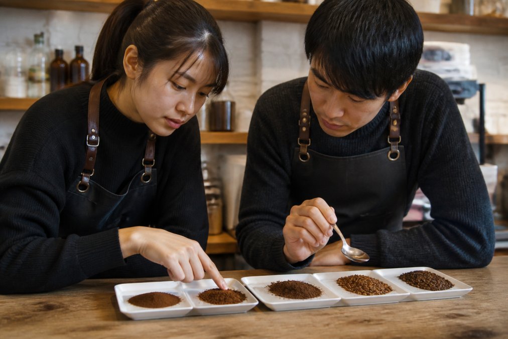 Close-up of coffee grounds at different grind sizes arranged side by side on white surface, from fine espresso powder to coarse French press chunks, natural daylight