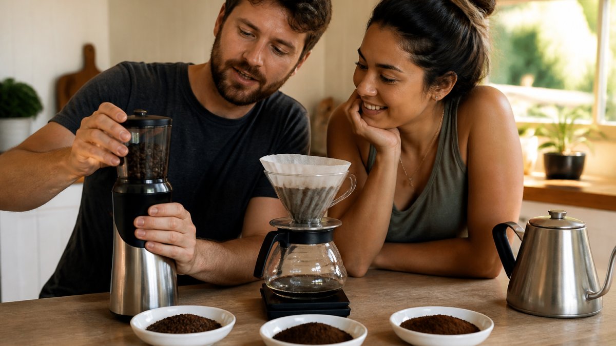 Close-up of hands holding a burr grinder next to a pour-over setup on a kitchen counter, with coffee grounds at different textures in small white dishes, warm morning light
