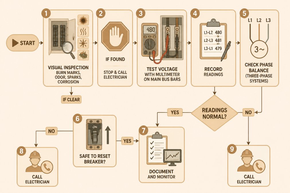 Flowchart showing decision tree: Start → Visual inspection for burn marks, odor, sparks, corrosion → If found, stop and call electrician → If clear, test voltage with multimeter on main bus bars → Record readings → Check phase balance (three-phase systems) → Readings normal? Yes → Safe to reset breaker? ### Step 1: Visually inspect the panel and connections Open the panel door only if the panel is in a safe, dry location with no warning signs present. Look for loose breaker handles, discolored or corroded terminals, debris, visible wire damage, water stains, or burn marks. Take photos of any unusual findings to help a licensed electrician diagnose the problem. **Decision point:** If you observe burn marks, corrosion, moisture, or other warning signs, stop and call a licensed electrician. Do not proceed to voltage testing. ### Step 2: Test voltage with a multimeter A multimeter measures voltage and reveals whether power is at the correct level. Abnormal voltage indicates a utility-side problem, loose connection, or failing main breaker. Set the multimeter to AC voltage mode. Measure voltage between the main bus bars and ground. For three-phase systems, measure each phase separately. Readings within 10% of expected voltage indicate normal supply. Significantly lower or higher readings indicate a utility-side problem, loose connection, or transformer fault. **Decision point:** If voltage is abnormal, do not reset any breakers. Call a licensed electrician. ### Step 3: Check for phase imbalance in three-phase systems Commercial buildings often use three-phase power. Load should be balanced across all three phases; imbalance causes overheating, premature trips, and equipment damage. Measure voltage on each phase to ground. The three readings should be within 5% of each other. If all three phases are within 5%, the system is balanced. If one phase reads significantly higher or lower, or reads zero, call a licensed electrician. **Decision point:** Significant phase imbalance (more than 5% variance) requires professional correction. Do not attempt to rebalance circuits yourself. Call a licensed electrician. ### Step 4: Reset breakers and document the sequence Locate the tripped breaker, flip it fully to OFF, wait 30 seconds, then flip it back to ON. Document the date, time, breaker number, circuit name, equipment running, and whether it stayed on or tripped again. **Decision point:** If the breaker stays on, monitor the circuit for the next week. If it trips again, investigate further. If the breaker trips immediately upon reset, isolate the circuit by leaving the breaker OFF and call a licensed electrician, this indicates a short circuit or ground fault. :::tip Create a simple log or spreadsheet to track breaker trips: date, time, breaker number, circuit name, equipment running, and outcome (stayed on or tripped again). This documentation helps an electrician identify patterns and diagnose recurring faults much faster than a verbal description. ::: ## How to Troubleshoot a Tripped Breaker Safely A breaker that trips once may be a fluke; repeated trips signal a serious problem. Gather information to help an electrician diagnose the fault faster. ### Single trip: Monitor and document Reset the breaker once. If it stays on, monitor for one week. If it does not trip again, the fault was likely temporary. If it trips a second time within a week, the circuit has a recurring fault. Proceed to root-cause investigation. ### Repeated trips: Investigate the root cause Repeated trips indicate one of four problems: overload, short circuit, ground fault, or a failing breaker. Identifying which one helps an electrician prioritize the repair and may prevent equipment damage. #### Is it an overload? **Signs of overload:** breaker trips only when specific equipment runs, trips after a few minutes of operation, or trips during peak usage times. Note which equipment is running when the breaker trips. Check device nameplates for wattage and add them up. If the total exceeds the breaker's rating, try running equipment one at a time or move some to a different circuit. If you confirm an overload, call a licensed electrician to add a circuit or upgrade the breaker. #### Is it a short circuit or ground fault? **Signs:** breaker trips immediately upon reset, trips when lightly loaded or idle, burning smell or sparks near breaker or outlet, visibly damaged outlet or fixture, or breaker trips when plugging in a specific device. Unplug devices one at a time and try resetting. If it stays on after unplugging a specific device, that device is faulty. Isolate the circuit by leaving the breaker OFF. Call a licensed electrician for diagnosis. If you smell burning or see sparks, evacuate and call emergency services. #### Is the breaker failing? A breaker can fail mechanically, losing its ability to trip reliably or becoming stuck in the tripped position. **Signs of a failing breaker:** - The breaker trips repeatedly even after you've confirmed the circuit is not overloaded and no short circuit exists - The breaker handle feels loose, stiff, or difficult to move - The breaker trips at a lower load than it should (e.g., a 20A breaker trips when only 10A is drawn) - The breaker will not stay in the ON position; it immediately returns to the middle or OFF position - The breaker is visibly discolored, corroded, or damaged Confirm the circuit is not overloaded and no short circuit is present. Check the breaker's age, if the panel is over 20 years old, breakers may be reaching end of life. If the breaker trips immediately upon reset, it is likely failing. **Next step:** Call a licensed electrician to replace the breaker. A failing breaker is a fire hazard and should not be left in service. ### Safe escalation: When to stop investigating Stop after two reset attempts and call a licensed electrician if the breaker trips immediately upon reset, you smell burning or see sparks, you find water damage, you cannot identify the cause, the problem involves three-phase power, or you are unsure whether it is safe to proceed. ### Documentation checklist for your electrician Before calling, compile this information to speed diagnosis: - **Circuit number and breaker size:** (e.g., "Breaker 12, 20A") - **Circuit name or load:** (e.g., "Conference room outlets" or "HVAC unit 2") - **Trip frequency:** (e.g., "Tripped twice in one week" or "Trips every time the copier runs") - **Timing and conditions:** (e.g., "Trips after 10 minutes of operation" or "Trips only during morning startup") - **Equipment running:** (e.g., "Large space heater and microwave" or "HVAC compressor") - **Visual or auditory signs:** (e.g., "Burning smell near outlet 4" or "Breaker handle feels loose") - **Actions taken:** (e.g., "Unplugged the heater and breaker stayed on" or "Breaker trips immediately even with no load") - **Photos:** (e.g., of scorch marks, water damage, or the breaker handle position) This information allows an electrician to arrive prepared with the right tools and parts, reducing diagnostic time and service cost. ## Commercial Electrical Panel Maintenance to Prevent Future Issues Preventive maintenance reduces emergency calls and extends panel life. Annually, visually inspect the panel, test voltage on main bus bars, check breaker handles, and verify circuit labels. Every 3-5 years, hire a licensed electrician for thermal imaging, connection tightening, and GFCI testing. When upgrading equipment, calculate new power demand and add circuits if needed rather than overloading existing ones. Light Life Electric provides ongoing maintenance contracts for commercial properties throughout [Southwest Florida