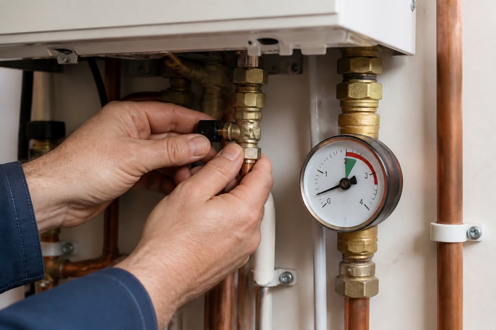 Close-up of a homeowner's hands turning the filling loop valve on a wall-mounted combi boiler, with a pressure gauge visible in the foreground