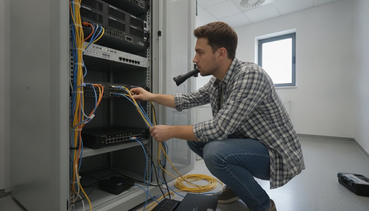 A [small business](/small-business-it-solutions) IT technician crouching beside a server rack, checking cable connections and indicator lights in a tidy, well-lit office server room, wearing a polo shirt with tools on a nearby shelf