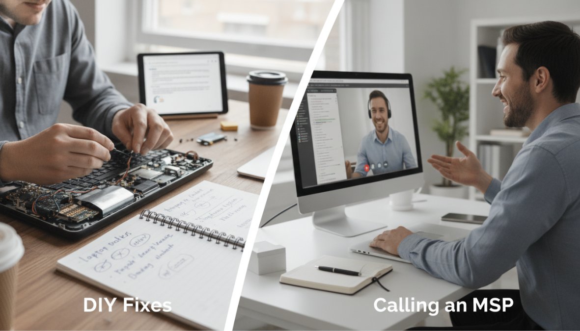 Side-by-side comparison of business and owner and sitting concepts for how to troubleshoot common business IT issues