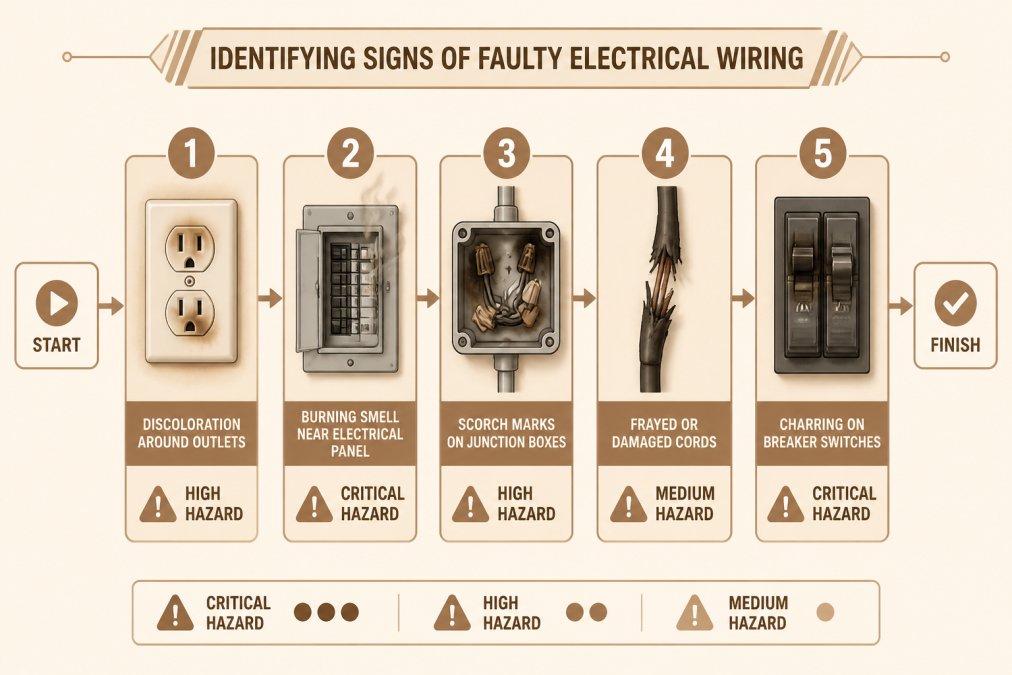 Flowchart showing visual and physical indicators of faulty wiring: discoloration around outlets (high hazard), burning smell near electrical panel (critical hazard), scorch marks on junction boxes (high hazard), frayed or damaged cords (medium hazard), and charring on breaker switches (critical hazard)