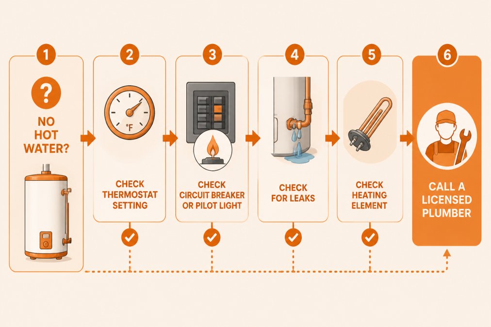Flowchart decision tree: Start with 'No hot water?' → Check thermostat setting → Check circuit breaker or pilot light → Check for leaks → Check heating element → Leads to 'Call a licensed plumber' endpoint