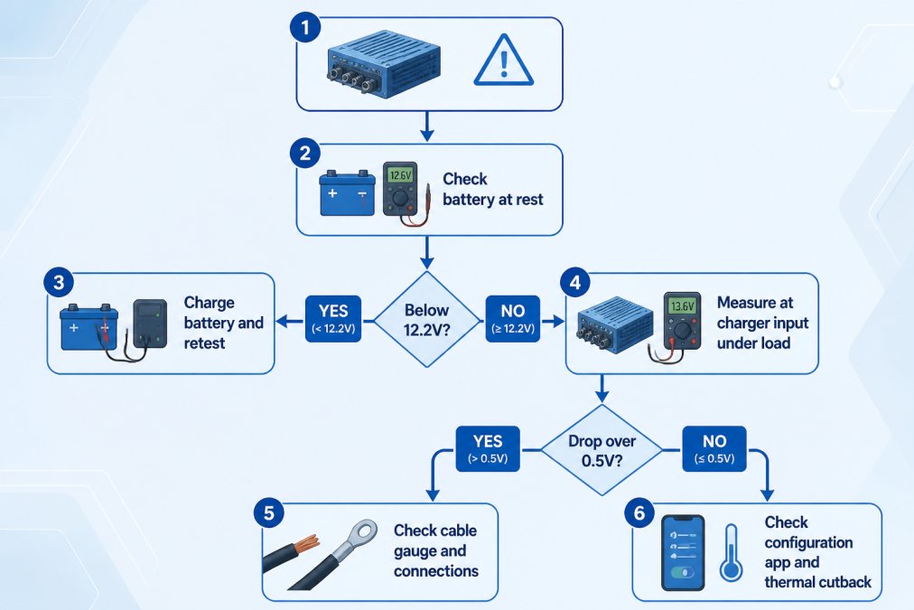 Diagnostic flowchart for troubleshooting voltage drops in a dc to dc charger system