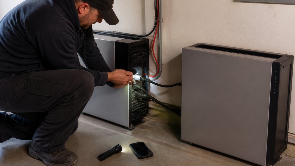 A homeowner kneeling beside a home battery unit in a garage, inspecting the thick connection cable between the main unit and an extra battery, with a flashlight and a phone showing the battery app nearby on the floor