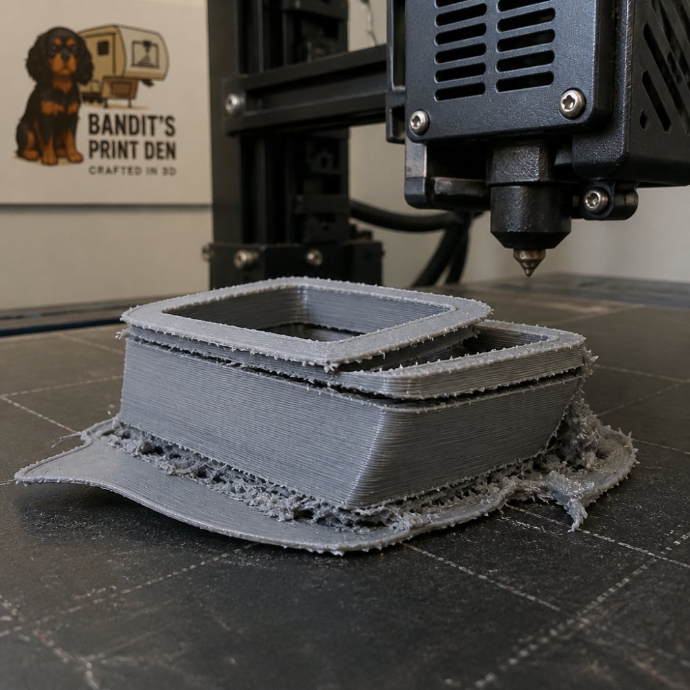 Close-up of a failed 3D print on a build plate showing visible layer separation, warping, and adhesion issues next to a printer nozzle