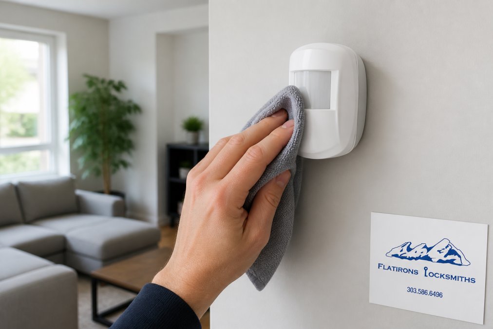 A close-up of a hand using a dry microfiber cloth to gently clean the lens of a white motion detector mounted on a wall in a modern living room with soft natural light
