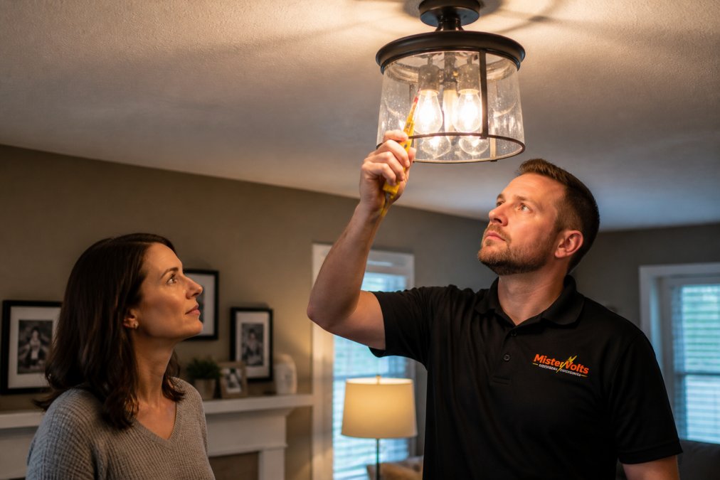 Electrician using a voltage tester to inspect a ceiling fixture for flickering lights in a Macon home