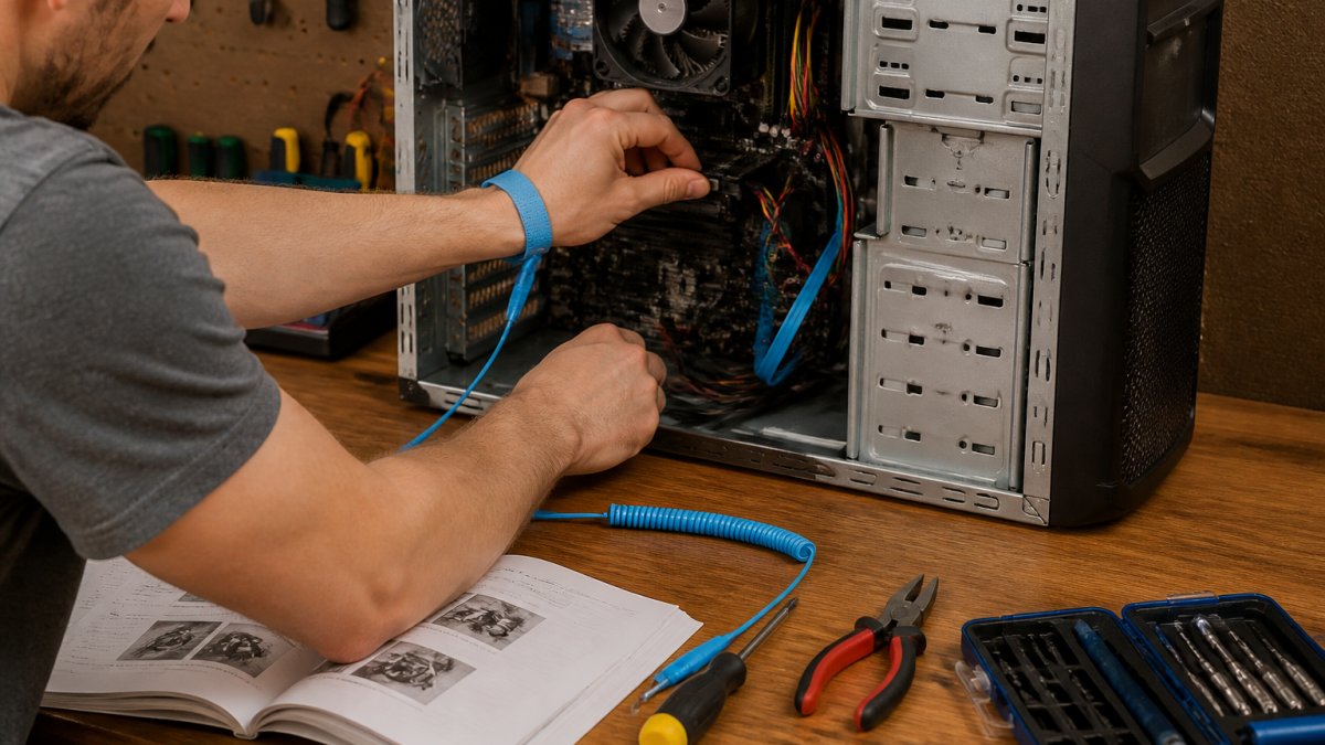 Person wearing anti-static wrist strap while working inside open desktop computer case with tools and documentation on workbench