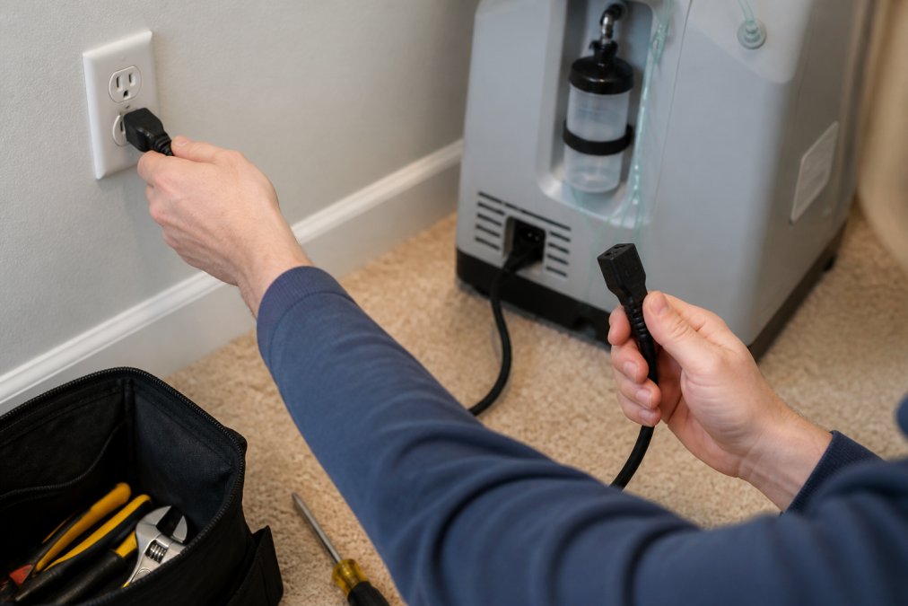Close-up of hands examining oxygen concentrator power cord and checking electrical outlet connection in home setting