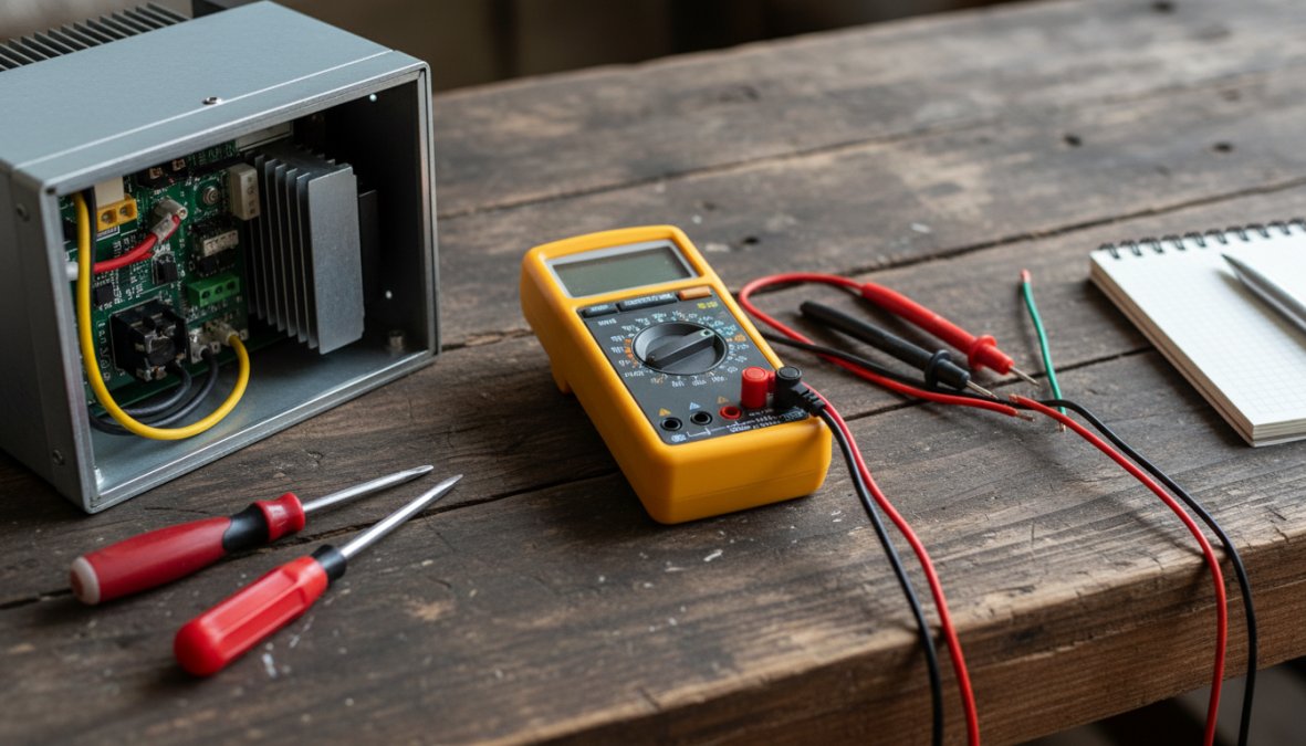 Close-up of a technician's gloved hands using a yellow digital multimeter to probe input terminals on an industrial variable frequency drive mounted inside an open electrical panel, with circuit boards and wiring visible in the background under bright workshop lighting