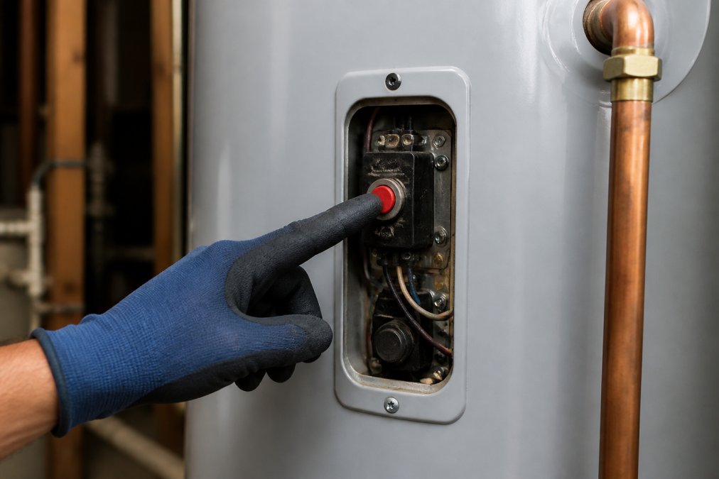 Close-up of a gloved hand pressing the red high-limit reset button on an electric water heater upper thermostat, with the tank in soft workshop lighting
