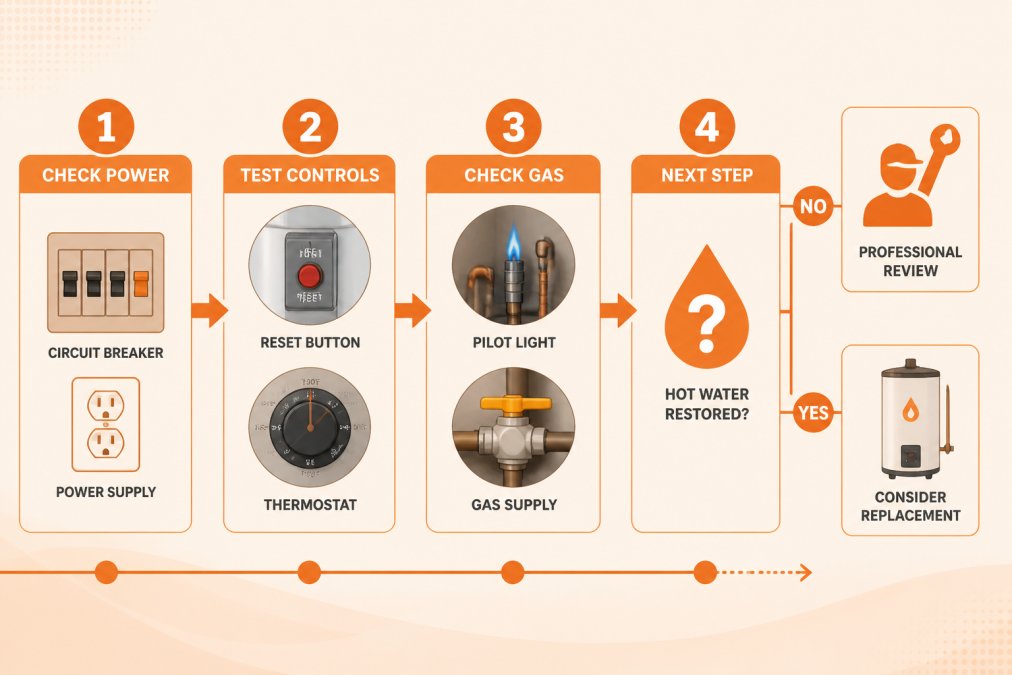 Flowchart showing the troubleshooting sequence for no hot water: check circuit breaker and power supply, test reset button and thermostat, inspect pilot light and gas supply, then decide between professional repair or replacement