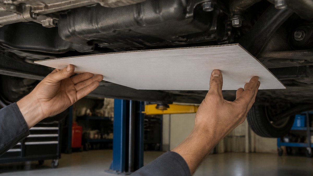 Mechanic's hands positioning a clean piece of white cardboard under an engine block to catch oil drips, showing the cardboard placement technique