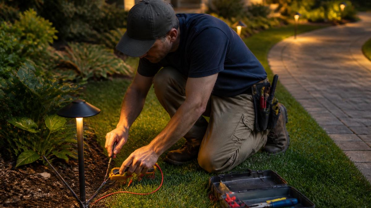 A homeowner kneeling on a landscaped lawn at dusk, using a multimeter to test a low-voltage landscape lighting wire connection near a path light, with a small toolbox and wire connectors visible beside them