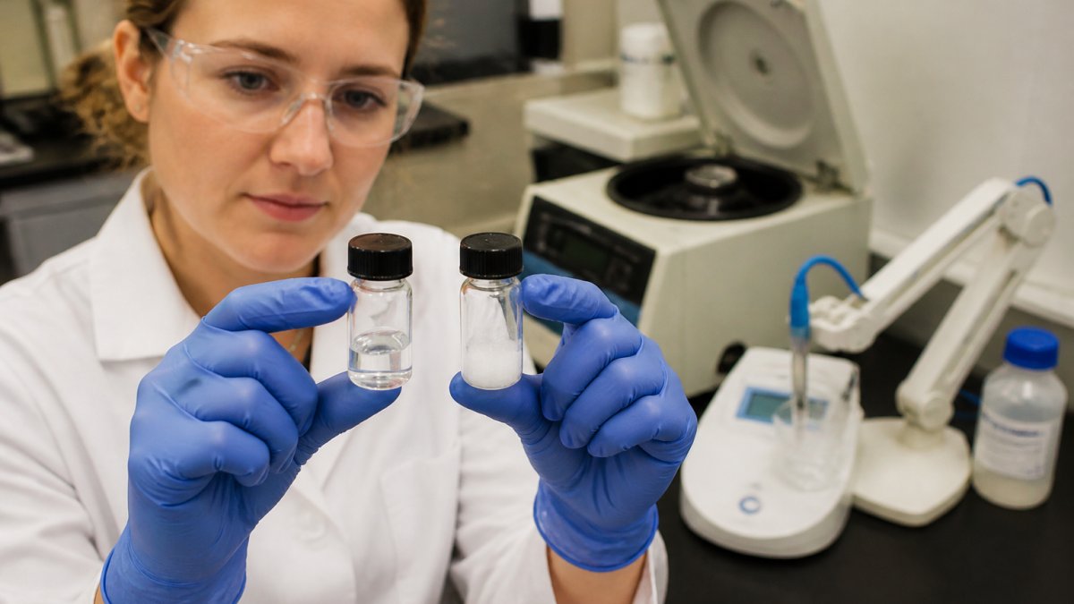 A scientist in a laboratory holding two glass vials side by side, one containing clear peptide solution and the other showing visible white precipitate at the bottom, with a centrifuge and pH meter visible on the bench behind