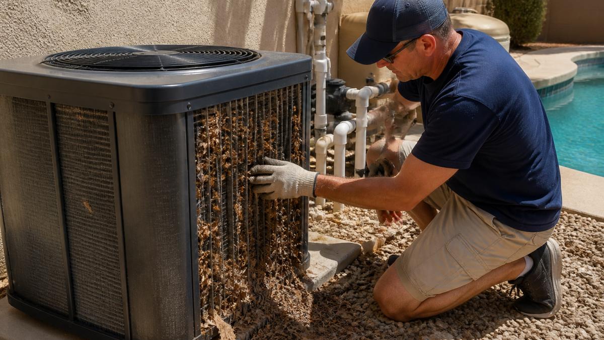 A homeowner in shorts and a t-shirt kneeling beside a pool heat pump unit, clearing fallen leaves from the metal fins with a gloved hand, bright summer sunlight and a stucco wall behind