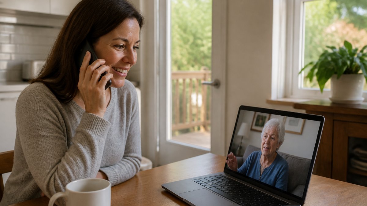 Infographic showing the steps for providing remote senior tech support via video call and phone guidance.