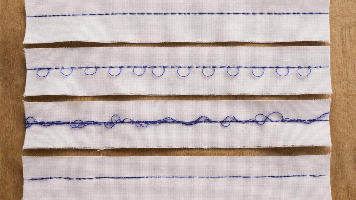 Split-screen comparison showing correct tension (balanced stitches top and bottom), loose upper tension (loops on underside), tight upper tension (bunched fabric and loops on top), and bent needle (irregular stitch pattern)
