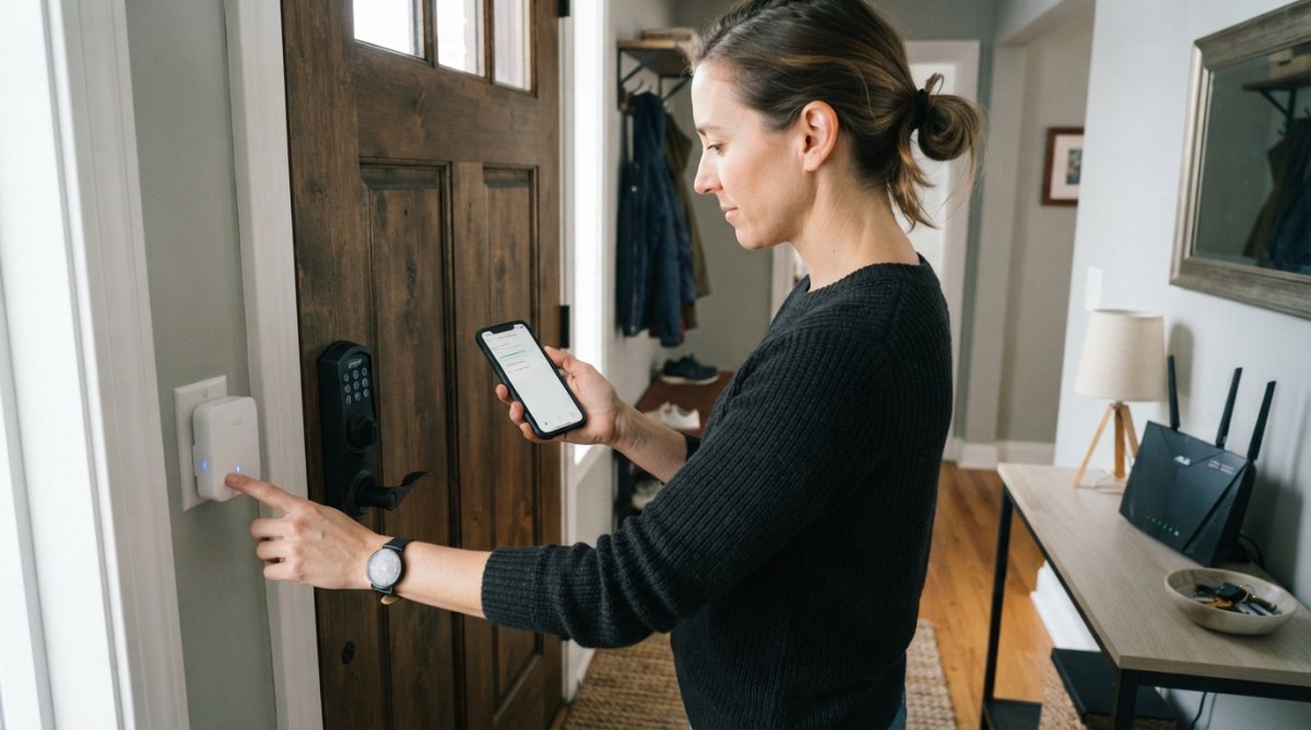 Homeowner using a smartphone to check Wi-Fi bridge status while learning how to troubleshoot smart door lock connectivity