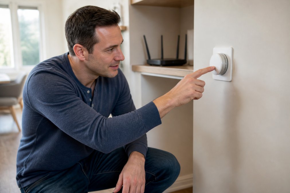 Homeowner pressing the reset button on a smart thermostat to learn how to troubleshoot smart HVAC system connectivity