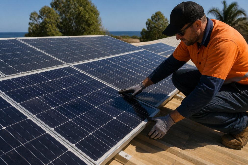 Close-up of a technician's hands in work gloves inspecting a solar panel array on a rooftop, checking the glass surface for cracks or discoloration under bright midday sun
