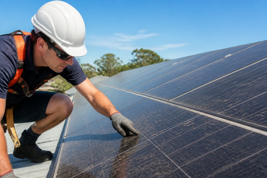 Homeowner in safety gear inspecting solar panel on rooftop, pointing to dust and debris accumulation in bright daylight, with clear sky in background
