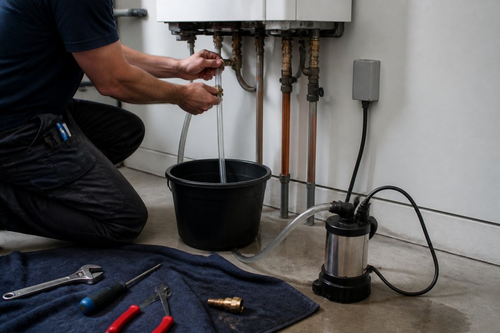 Close-up of a technician's hands connecting a hose to the service valve of a wall-mounted tankless water heater, with a bucket and submersible pump on the floor below