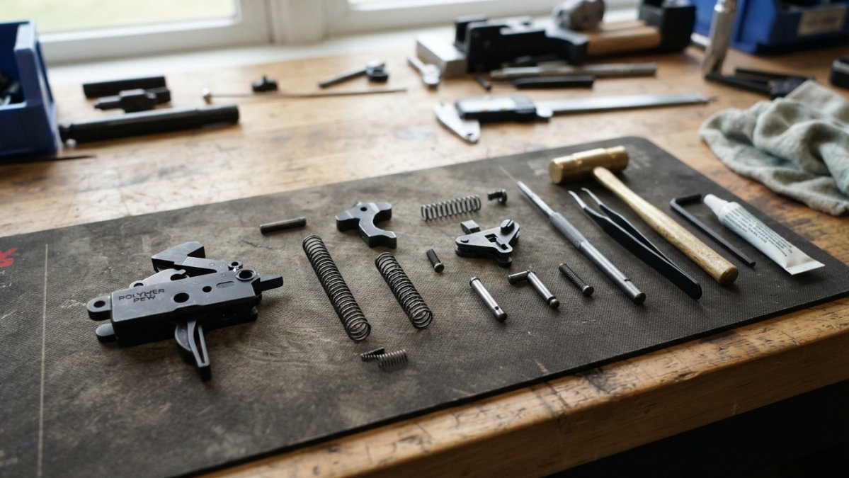 Close-up of a disassembled trigger assembly laid out on a clean work surface with individual components including trigger spring, disconnector, sear, and trigger body clearly visible, with precision tools and good lighting