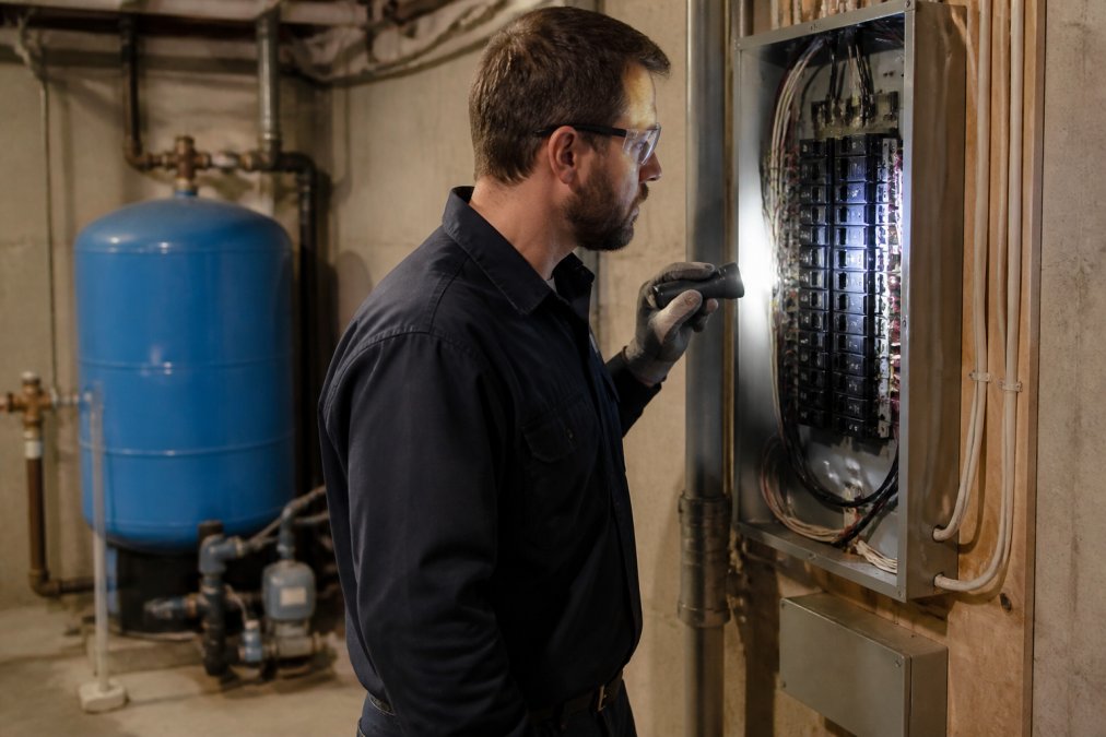 A homeowner in work clothes and safety glasses standing in a basement utility area, holding a flashlight and looking at a residential electrical panel with the breaker switch visible, well pressure tank in the background