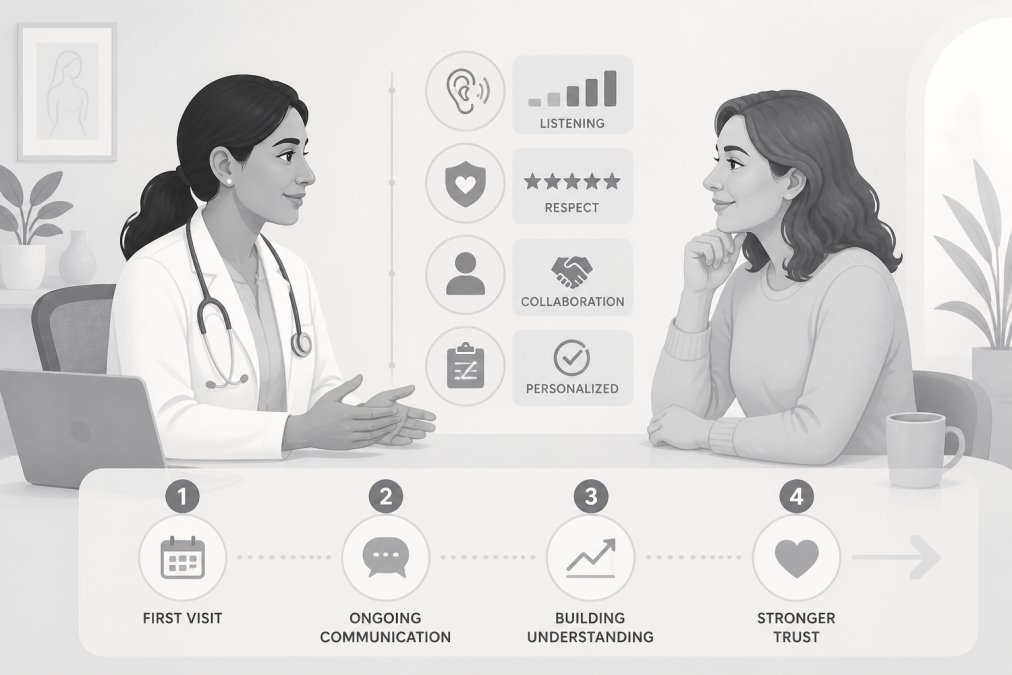 Healthcare provider and female patient having a thoughtful conversation during an appointment, showing active listening and mutual respect