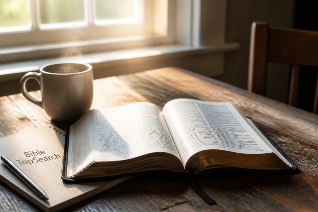 An open Bible resting on a worn wooden table, a steaming mug of coffee beside it, with soft morning light streaming through a nearby window