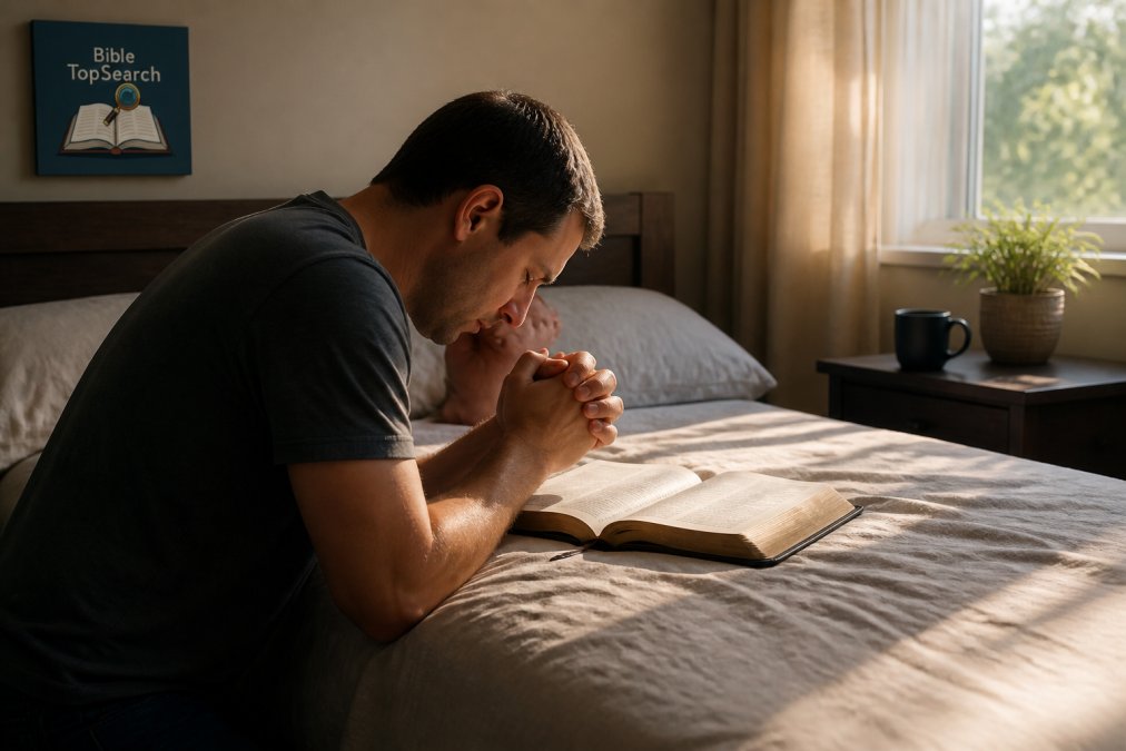 A person kneeling beside a bed in quiet morning prayer, hands folded over an open Bible, soft window light falling across the pages