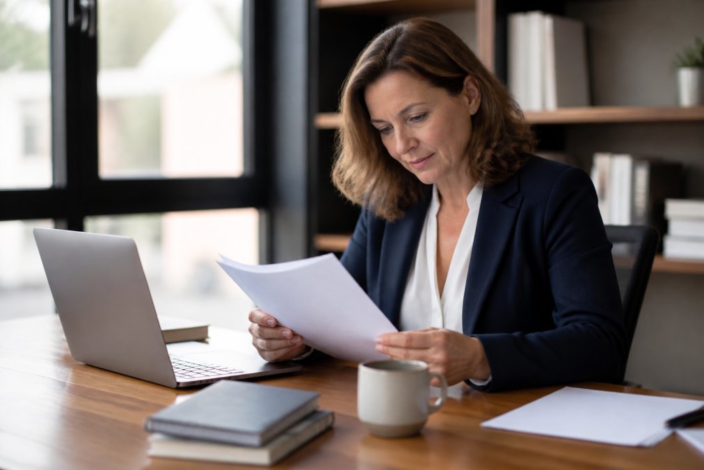 A confident consultant in a navy blazer reviewing a printed manuscript at a clean, bright desk with a laptop and coffee nearby, natural window light