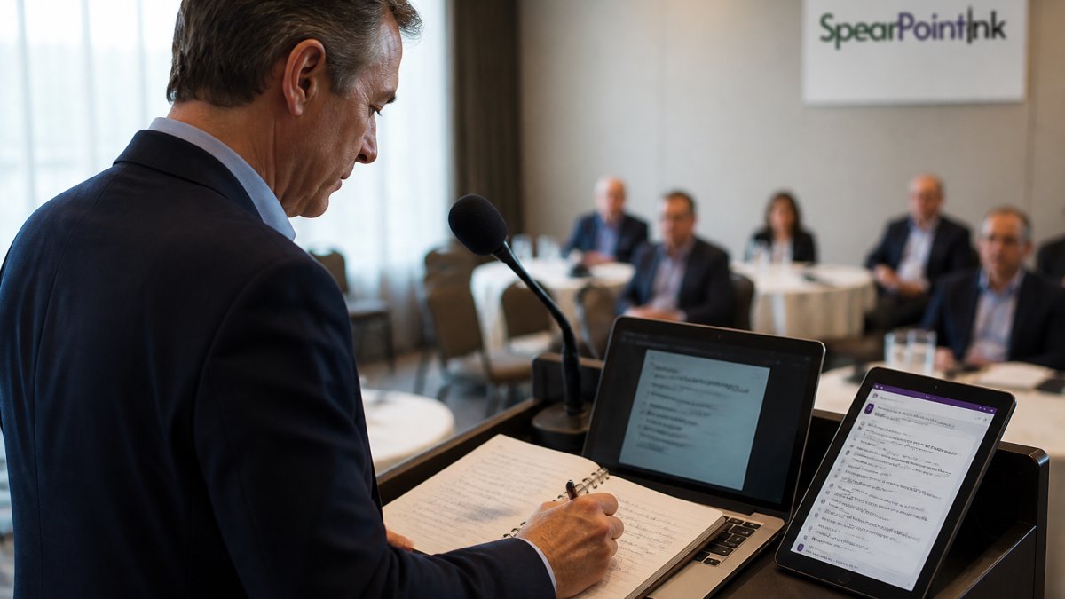 A professional speaker at a podium reviewing handwritten notes beside a laptop displaying a Keynote slide, with a transcription app open on a tablet