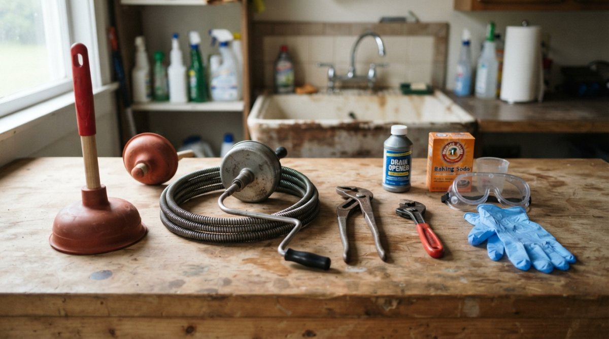 Flat lay arrangement of drain unclogging tools on white surface: red plunger, metal drain snake with crank handle, rubber gloves, bucket, needle-nose pliers, flashlight, and wire brush positioned neatly
