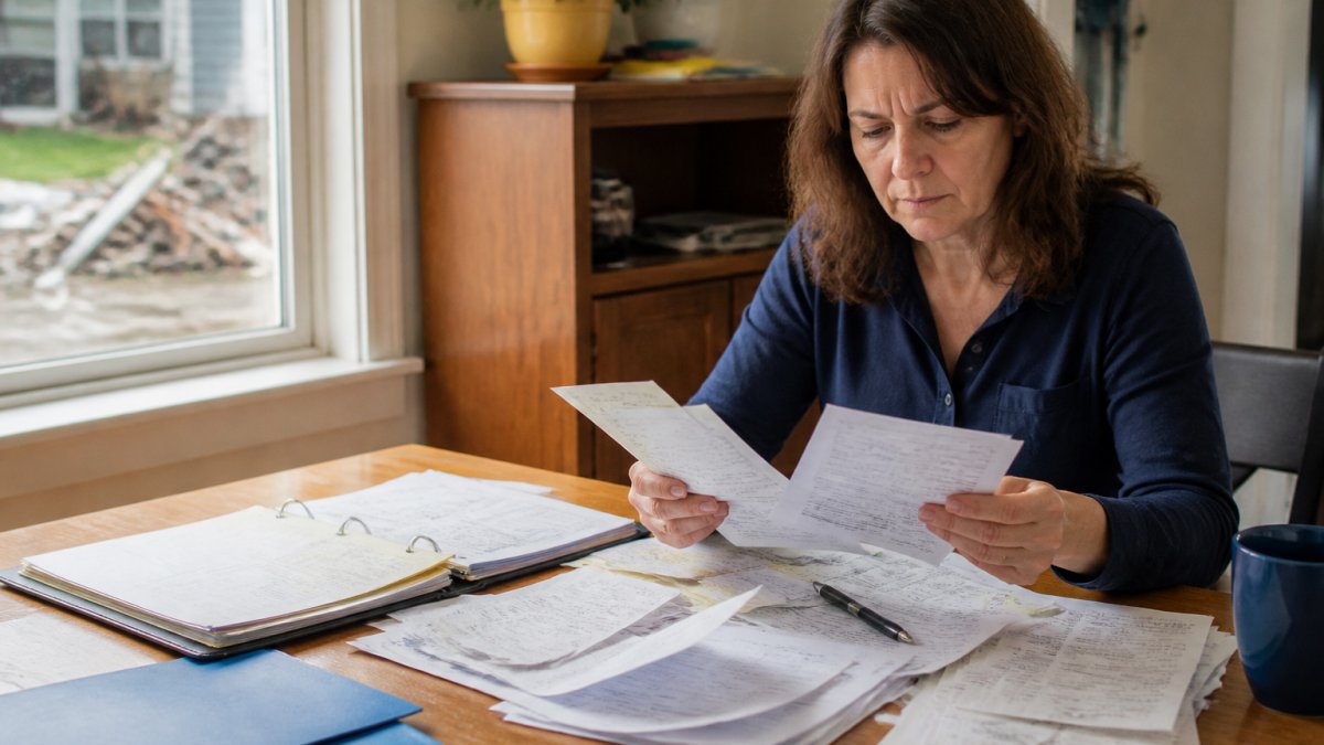 Homeowner organizing insurance claim paperwork for an earthquake insurance deductible tax deduction at a desk.