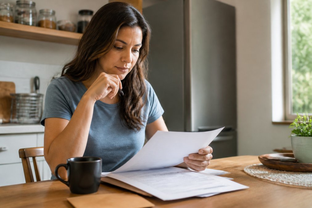 Woman reviewing an Explanation of Benefits form to demystify complex health insurance jargon at a kitchen table.